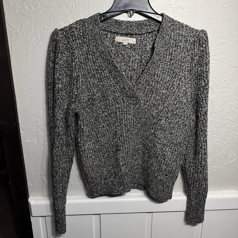 Loft WMS Large Heathered Sweater V Neck Puffed Sleeves Ribbed Knit Soft Cozy